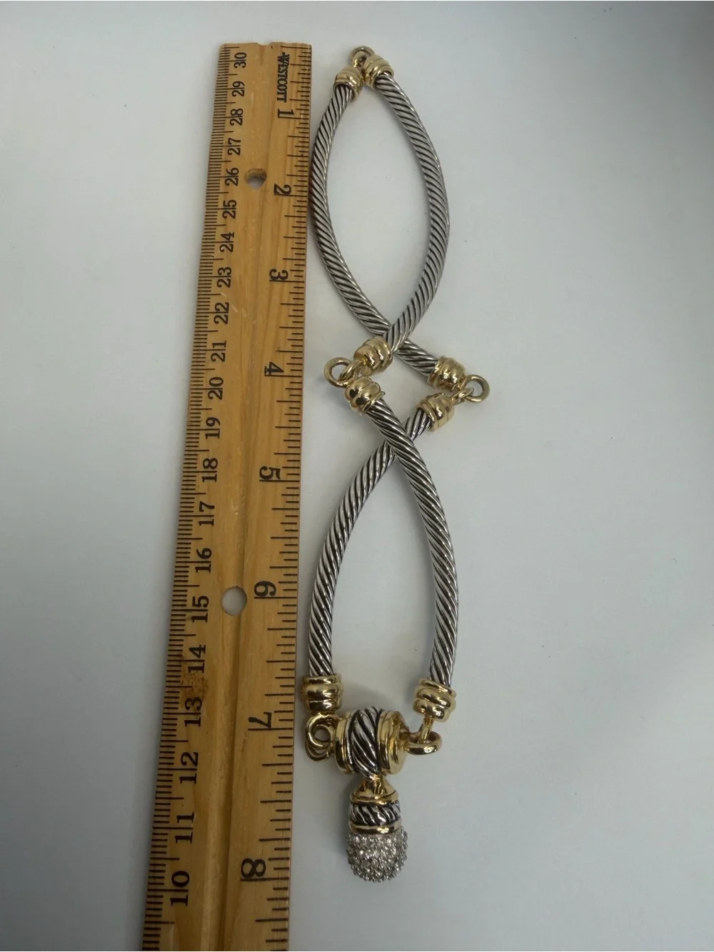 Two-Tone Silver and Gold Cable Choker Necklace with Pavé Drop Charm